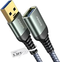 AINOPE USB Extension USB A Extension Cable 3.0 Cable Extension with Aluminium Connectors, Durable Nylon Mesh for Card Reader, Keyboard, Printer, Scanner, Camera, 1 m, Silver Grey