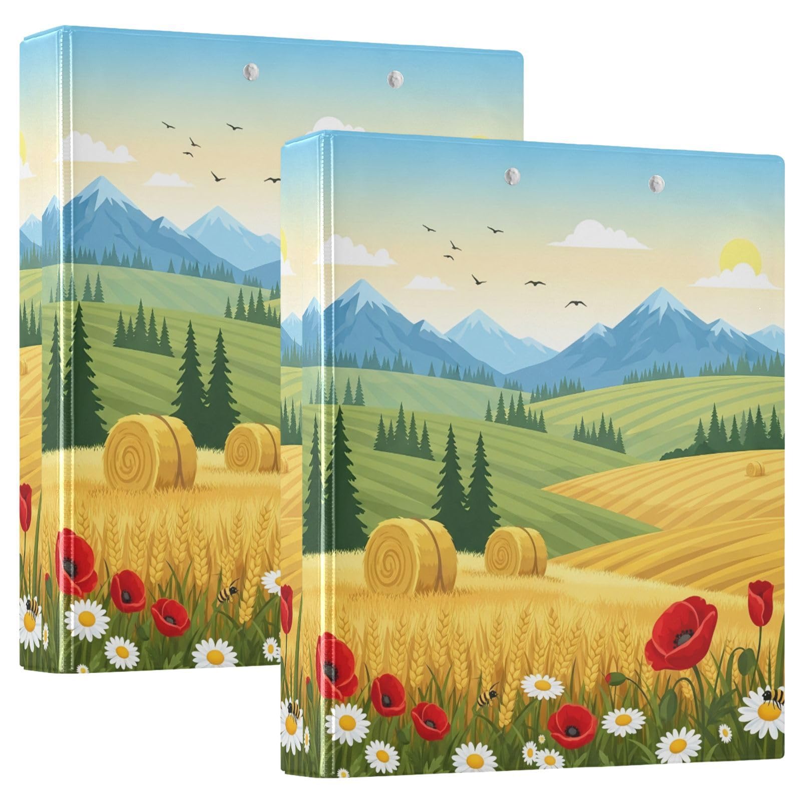 Raccoglitori a 3 anelli, 3,8 cm, motivo campagna estiva, decorativo, con clip in metallo, formato A4, organizer per casa e ufficio, confezione da 2