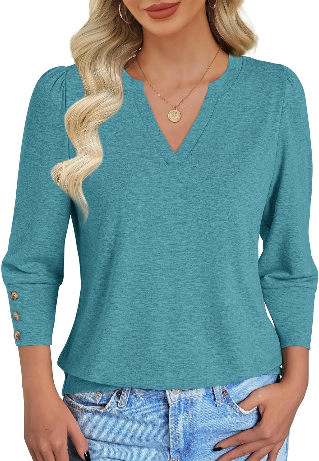 NORACORA Womens Tops 3/4 Sleeve with Buttons V Neck Blouses for Women Summer Outfits Dressy Casual T Shirts Beach Vacation - Image 4