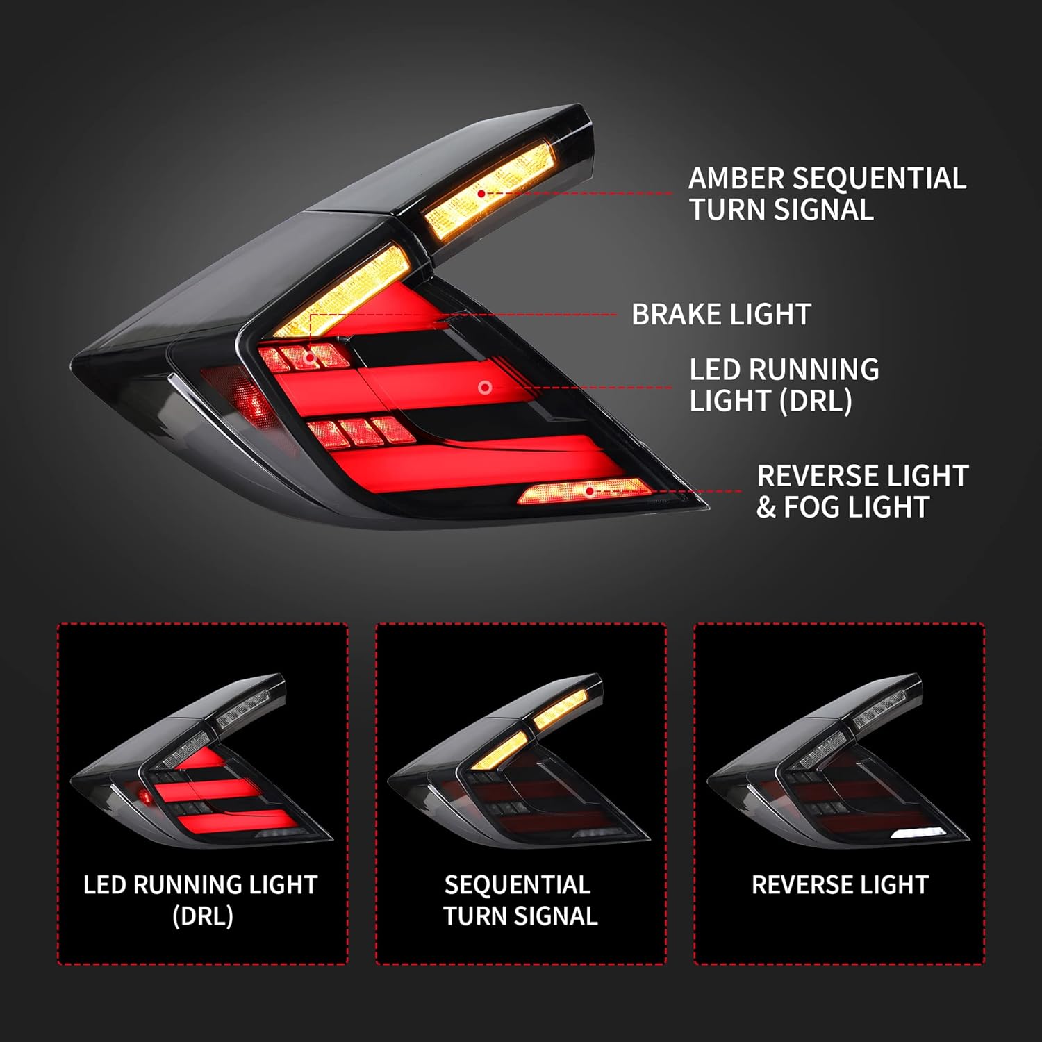 VLAND LED Sequential Tail Lights Assembly for [10th Gen Honda Civic Hatchback/Type R 2016-2020] With Dynaic Animation LED Running Light, YAB-CIV-2020, Driver & Passenger Sides