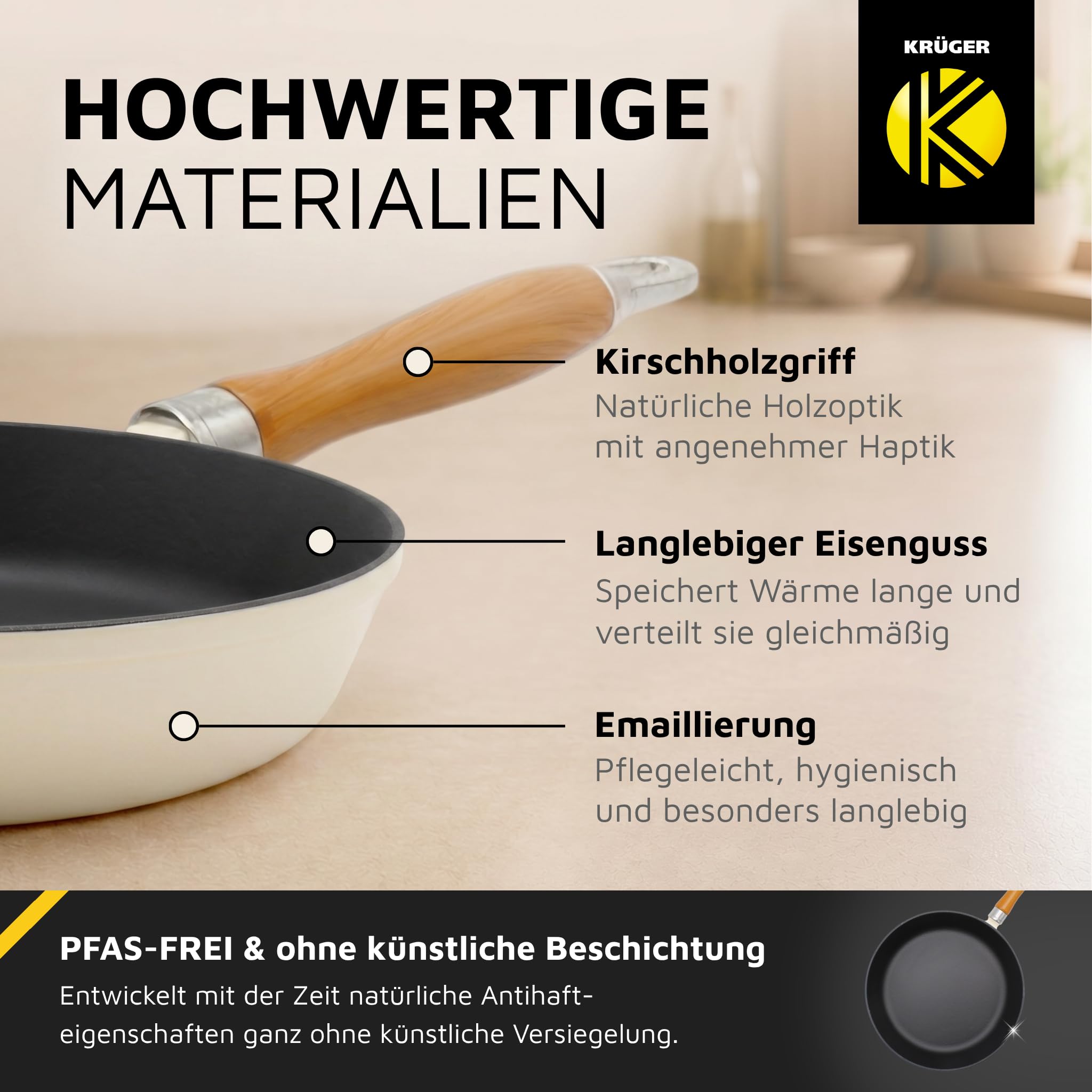 Krüger Gusseisenpfanne mit Holzgriff - emailliert - außen creme, innen schwarz matt - hohe Hitzebeständigkeit - sehr gute Wärmespeicherung -für alle Herdarten inkl. Induktion geeignet (Savanna, 24 cm)