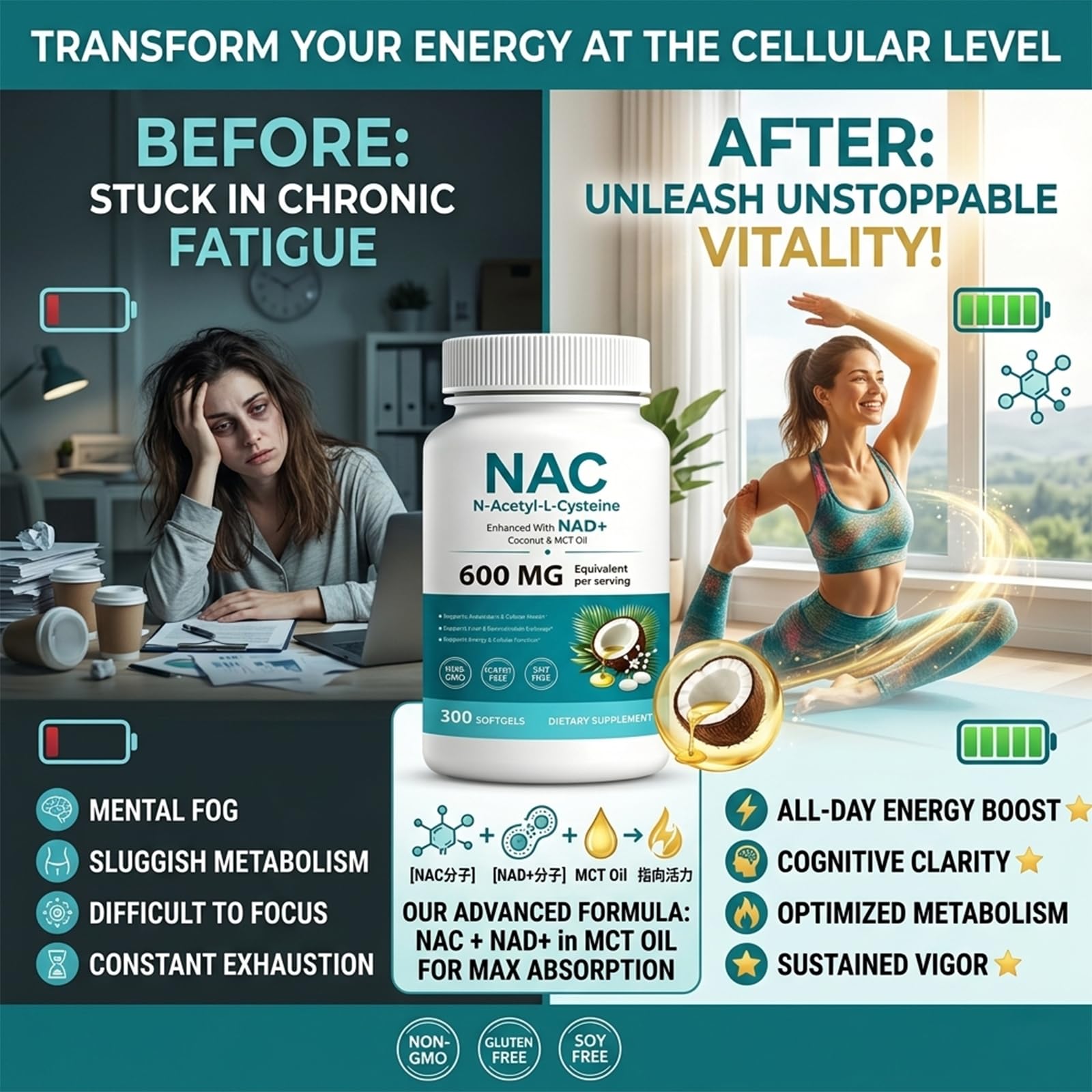 NAC N-Acetyl L-Cysteine 600 mg Softgels | Enhanced with Coconut & MCT Oil,Non-GMO, Gluten Free | 300 Softgels (100 Day Supply）