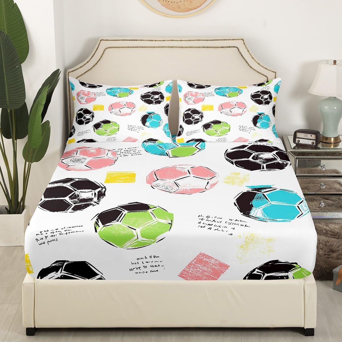 Erosebridal Soccer Ball Queen Size Fitted Sheet,Blue Pink Green Cartoon Foootball Bed Sheets,Game Sports Fitted Bed Sheets for Boys Girls Teens,Sports Themed Bedding Set for All Season