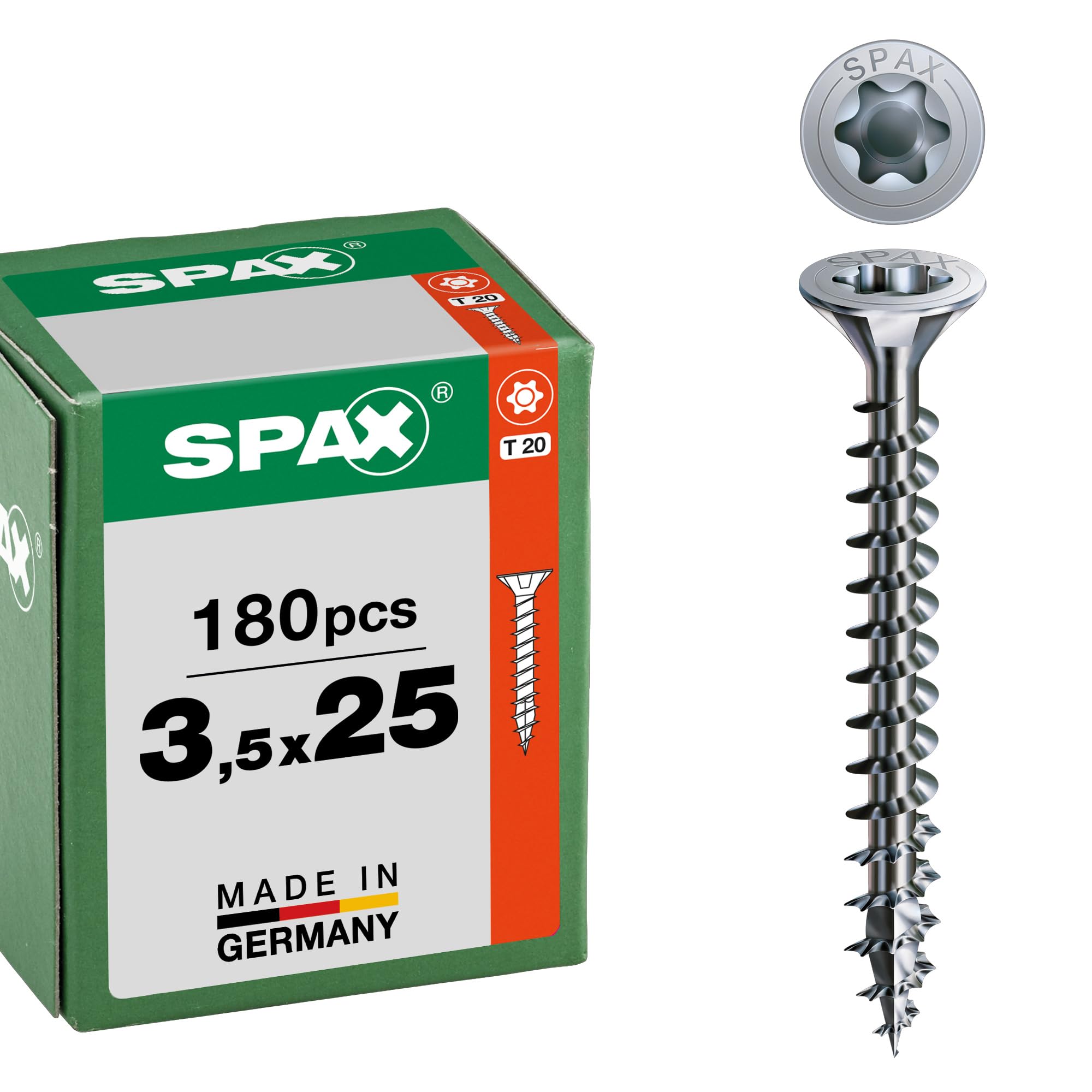 SPAX Universal Screw 3.5 x 25 mm, Pack of 180 - Wood Screws, Fully Threaded, Countersunk Head, T-Star Plus T20, 4CUT Tip, WIROX Coating - 8000000287138