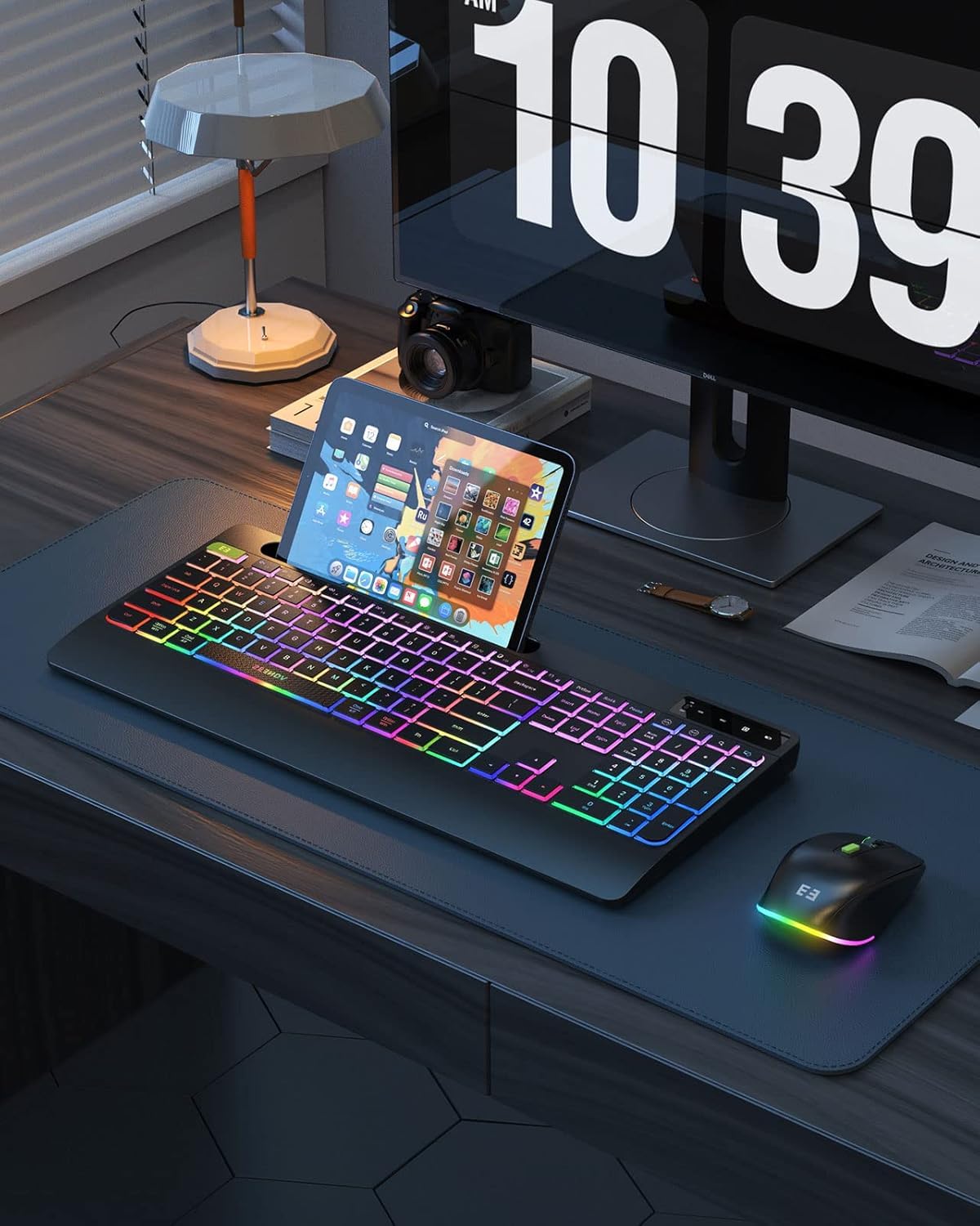 seenda Tastiera wireless 2.4G e mouse Combo con retroilluminazione arcobaleno, tastiera ricaricabile e mouse set UK layout full size con 2 in 1 USB C e USB A Dongle e Wirst Rest, nero