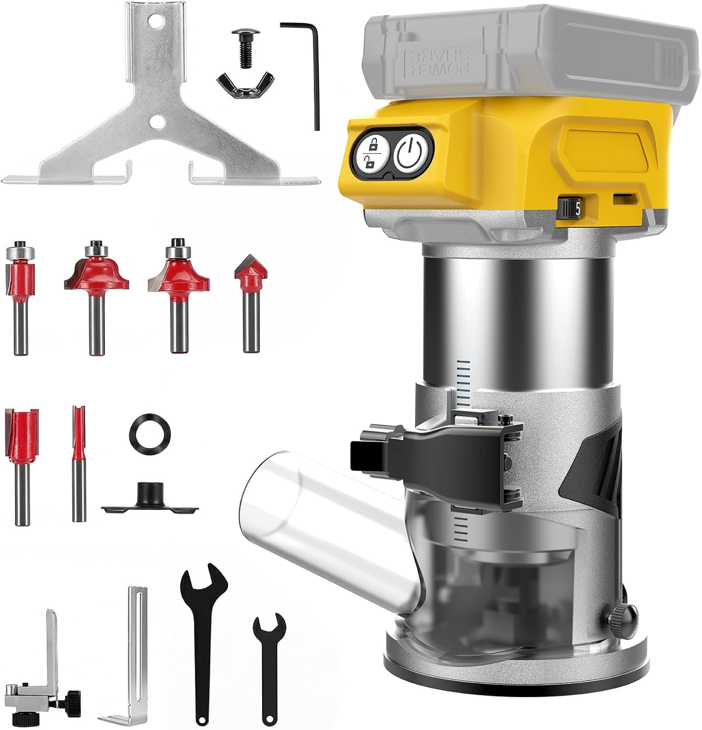 Cordless Router Compatible with DeWalt 20V Battery(No Battery) 600W Brushless Wood Router, 5-Speed Control, Depth Adjustment, Edge & Roller Guide, Router Bits
