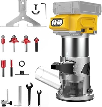 Cordless Router Compatible with Dewalt 20V BatteryNo Battery | Wood Router with Brushless Motor, 5 Speed, 28000RPM, Fixed Base, 6PCS Router Bits for Woodworking, Edge Trimming, Grooving
