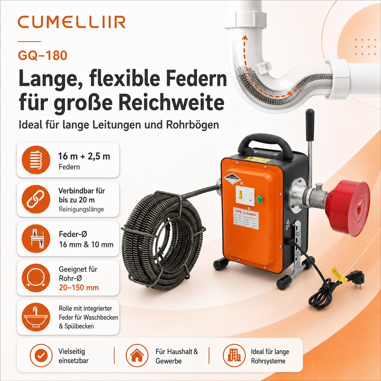 Máquina de limpieza eléctrica de tuberías de 20 m en espiral, limpieza de canales, 750 W, dispositivo de limpieza de tuberías eléctrico con rodillo, espiral de limpieza de tuberías para baño y cocina