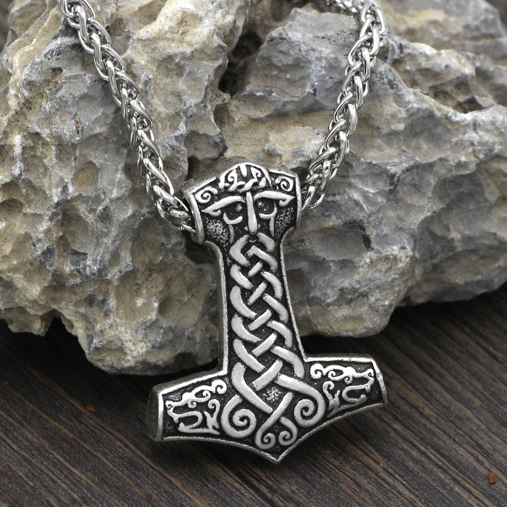 Men's Viking Wolf & Mjolnir Hammer Pendant Necklace - Stainless Steel Norse Chain