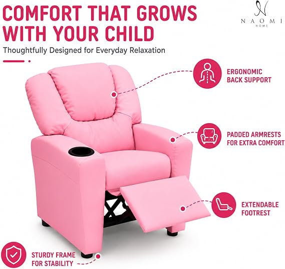 Naomi Home Suri Kids Recliner Chair: 150 Lbs Capacity & Solid Hardwood Frame for Ultimate Durability. Built to Grow Toddler & Children Sofa with Cup Holder, Footrest & 3 Recline Positions - Pink