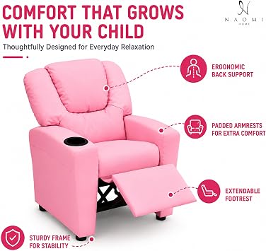 Naomi Home Suri Kids Recliner Chair: 150 Lbs Capacity & Solid Hardwood Frame for Ultimate Durability. Built to Grow Toddler & Children Sofa with Cup Holder, Footrest & 3 Recline Positions - Pink
