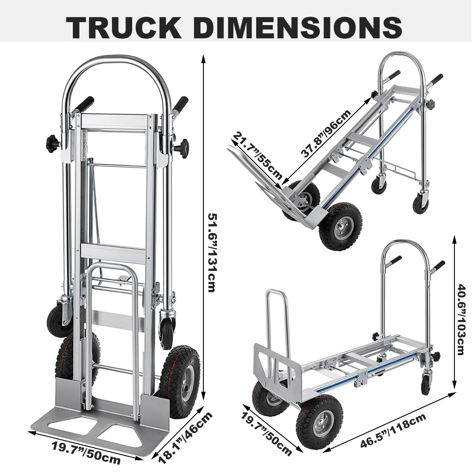 Wytrzymały aluminiowy składany wózek ręczny 3 w 1, pojemność 453 kg, wymienialny wózek dolly, pneumatyczne koła dla doskonałej mobilności, ergonomiczny uchwyt ułatwiający transport