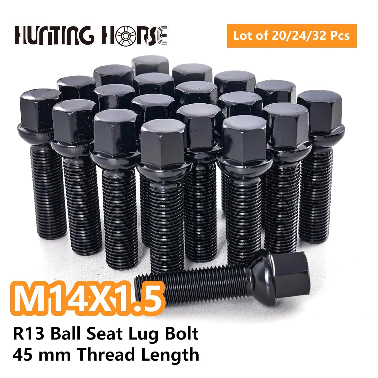 10 Pack 14mmX1.5 Ball Seat 17mm Hex Extend Wheel Lug Bolts 45mm Shank, Black