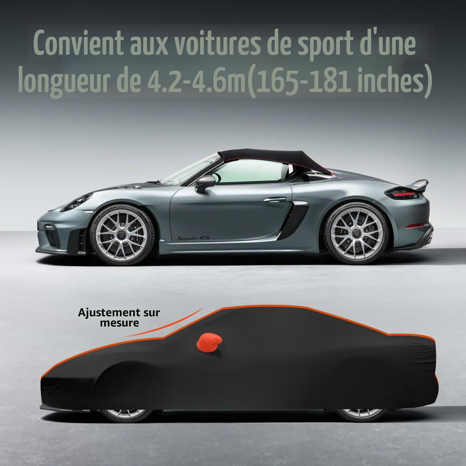 TECTICO Bache Housse Voiture Intérieur de Sport 4,2-4,6m,Élastique Respirante Souple Anti Rayure Protection Complète pour Garage Indoor Auto Show, Noir+Orange