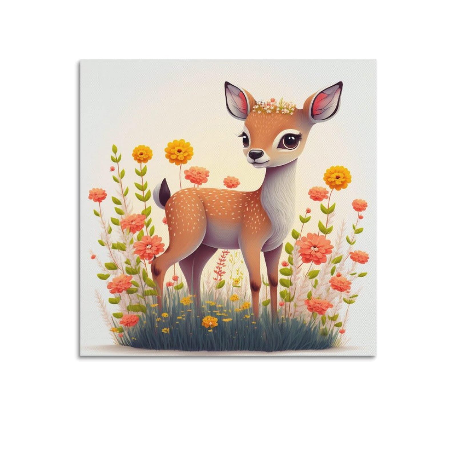 Xkuga Boys Unframe-Style Cartoon Animal Poster Portrait Wildlife Kawaii Healing Deer Modern Decorative Canvas Prints - Ideal Wall Art For Family, Man Cave, Game Room, & Girls Bedroom 12X12inch(30X30cm)