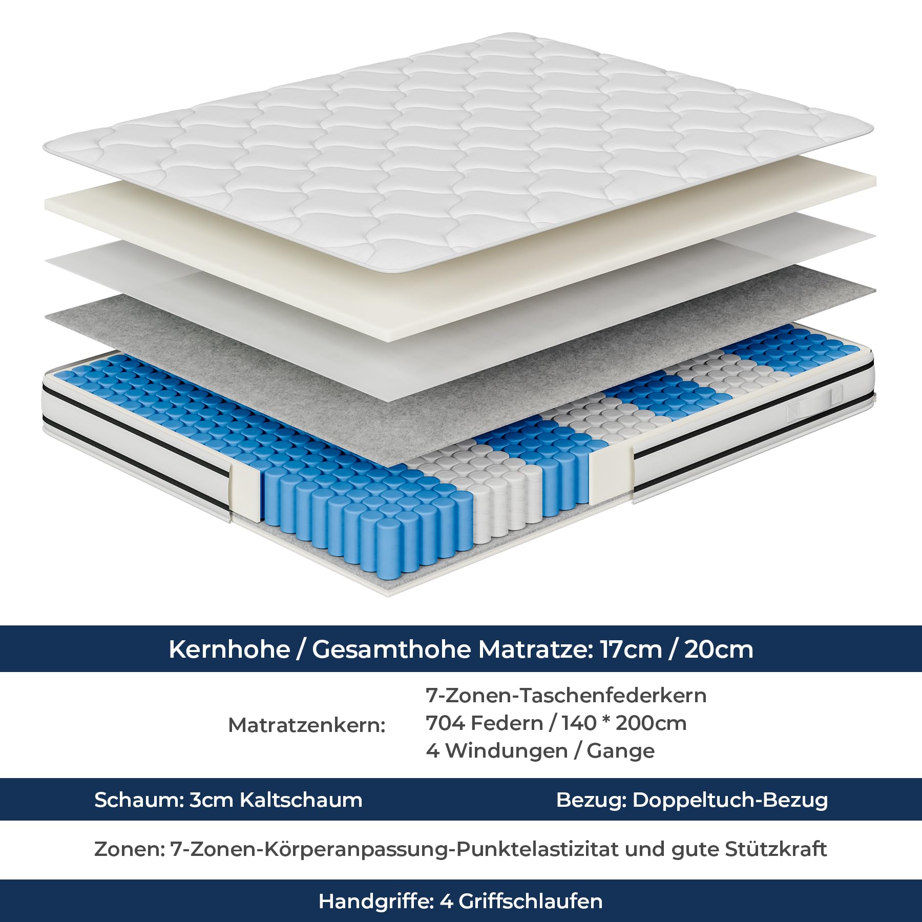 Vesgantti H4 20cm Höhe Matratze 80x200cm Orthopädische 7-Zonen-Tonnen-Taschenfederkern-Matratze Öko-Tex Zertifiziert Mittelfest Taschenfederkernmatratzen Kaltschaummatratze