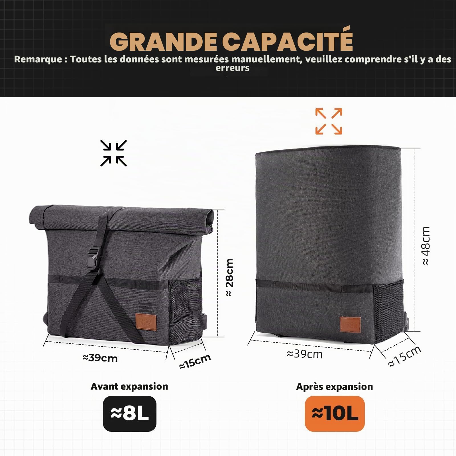 ROCKBROS Sacoche de Guidon pour Vélo Pliant Brompton, Sac de Panier Extensible 8-10L, Sacoche Avante de Vélo Amovible avec Adaptateur pour Scooter VTT Trottinette Électrique Noir