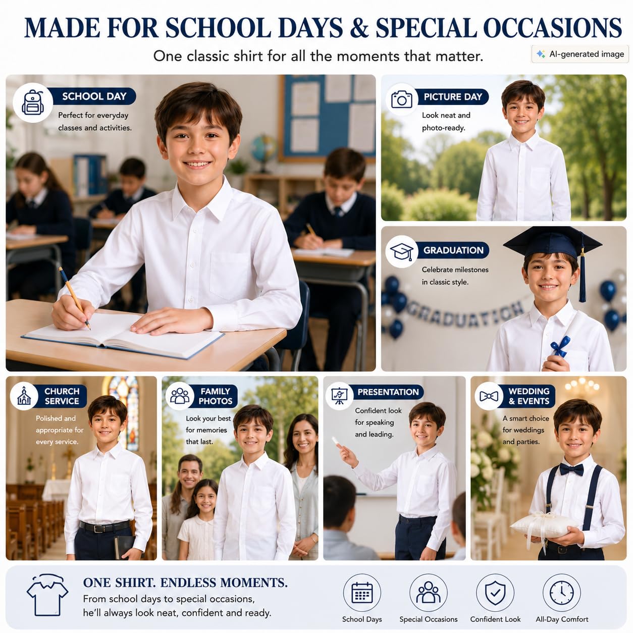 Bienzoe - Camisa Oxford de manga larga con botones para niño - Blanco - (10- 11 años)
