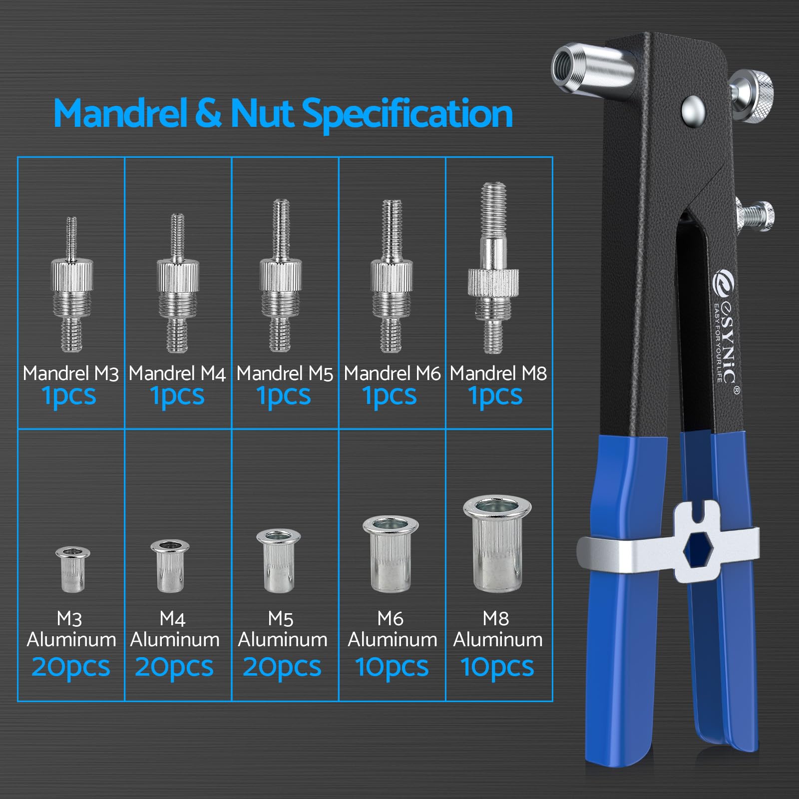 Kit Pince à Riveter ESynic 86 Pièces - Mandrins M3 M4 M5 M6 M8 | Outil D'Insert Fileté Pour Réparation