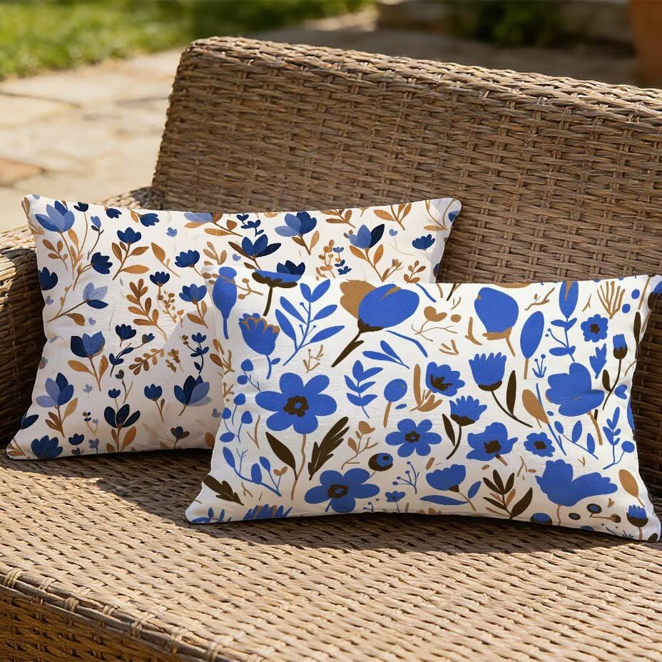 Coussin de jardin 40x70 imperméable anti-UV et housse de coussin extérieur bleu floral