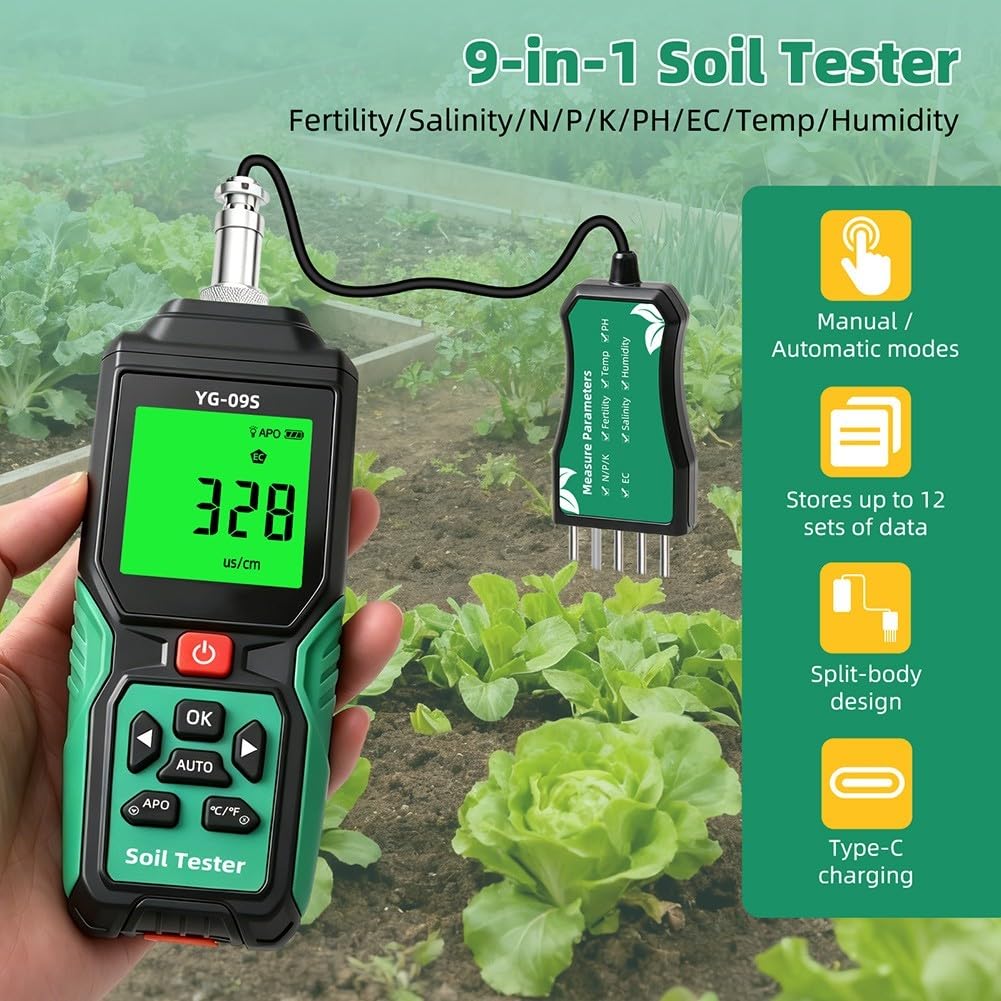 9-in-1 Digitaler Bodentester mit NPK-Sensor, pH-Messgerät für Feuchtigkeit/Temperatur/Leitfähigkeit, wiederaufladbar mit 2m Kabel und LCD-Display für Gartenbau