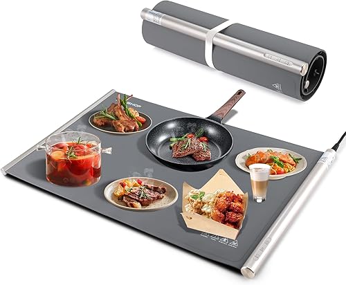 HAUSHOF Tapete de calentamiento para alimentos, tapete eléctrico extra grande para calentar alimentos para encimera, bandeja de calentamiento rápido