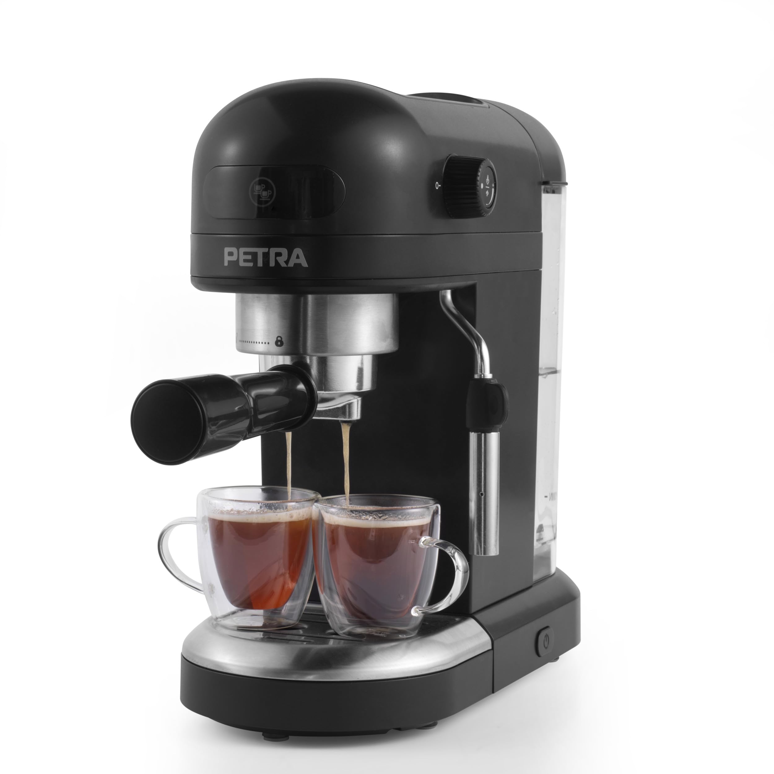 Petra PT5240 Cafetera Espresso - con espumador de leche, depósito de 1,4 l, expreso de estilo barista simple o doble, Máquinabomba de presión italiana de 15 bares, apta para café molido, 1465 W, negra
