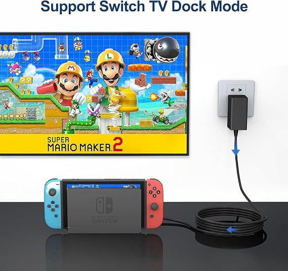 شاحن لجهاز Nintendo Switch،محول طاقة تيار متردد بقوة 39 وات من Nintendo Supply،شحن سريع 15 فولت 2.6 أمبير،مع سلك USB C بطول 6.6 قدم، متوافق مع Nintendo Switch Lite/LITE/OLED، يدعم قاعدة توصيل التلفزيون/الهواتف