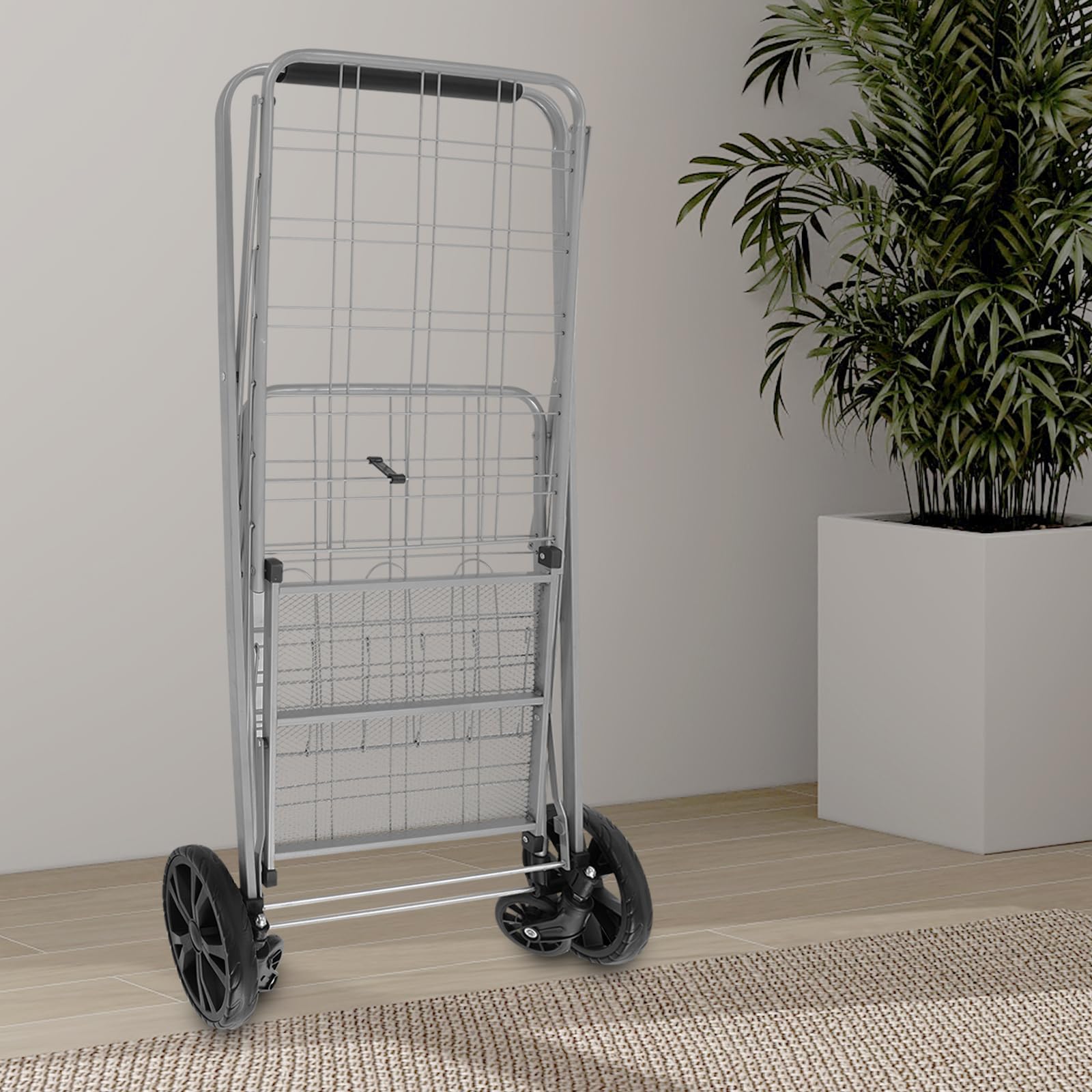 Carrello per la spesa pieghevole con doppio cestino, carrello della spesa con carrello e ruote per alimenti, biancheria e trasporto, cesto portabiancheria