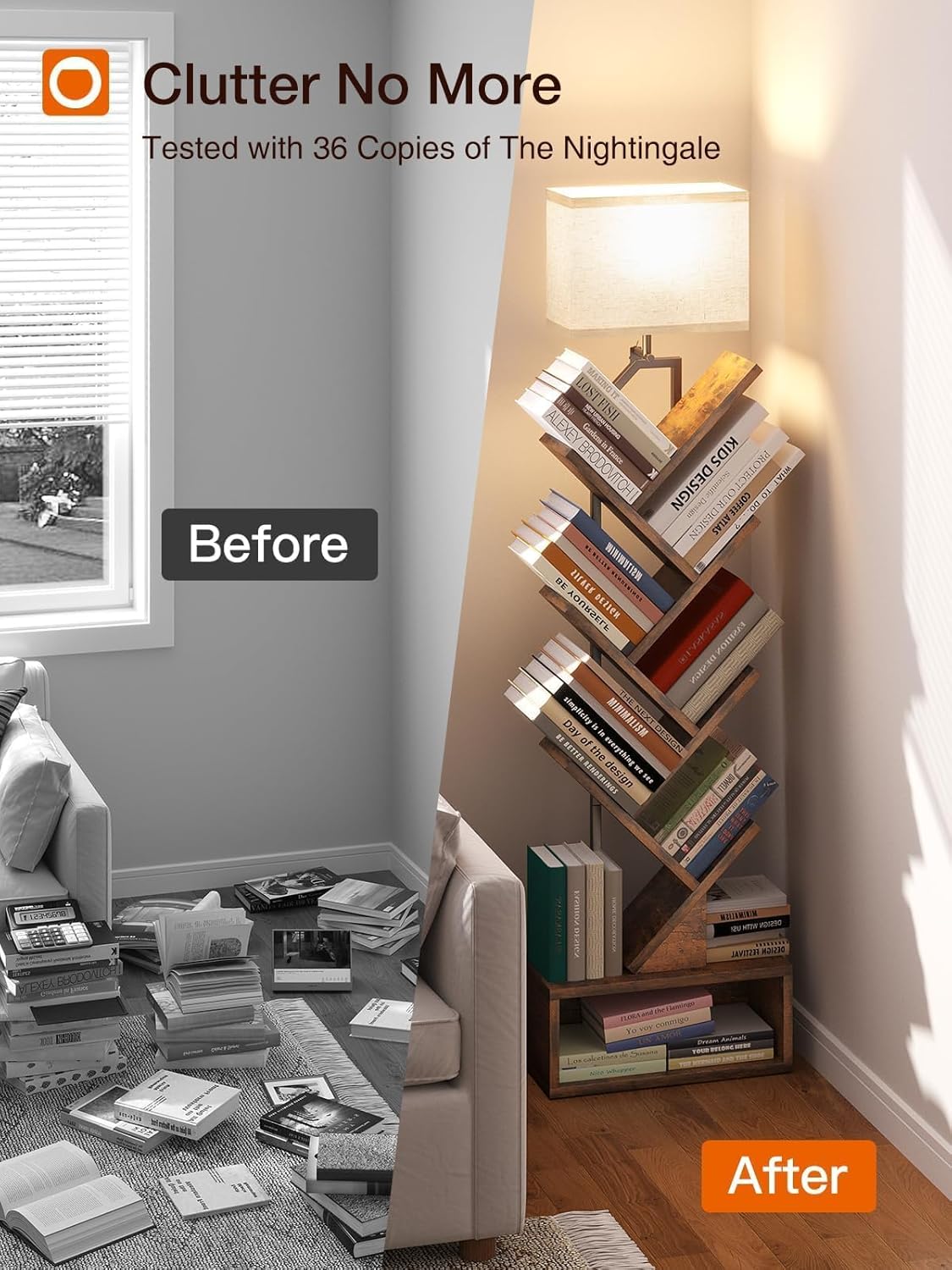 addlon 6-Tier Tree Book Shelf with LED Light, Steel&Wood Bookshelf with Storage Cabinet, Narrow Tall Bookcase with 3CCT Bulb, Small Bookshelf for Bedroom, Home Office&Living Room-Rustic Brown