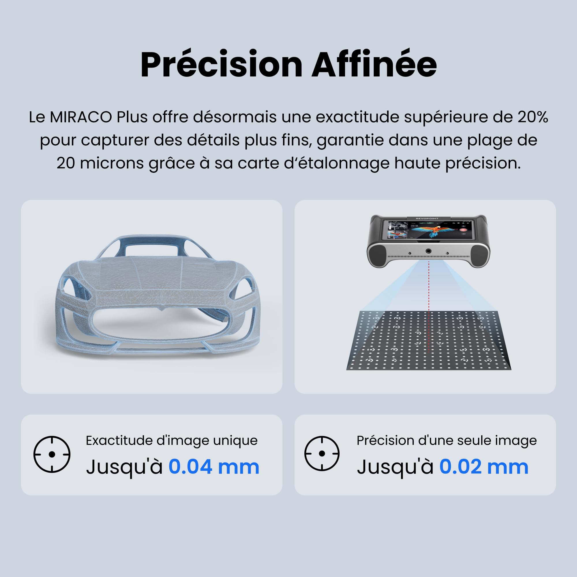 Revopoint MIRACO Plus Scanner 3D pour Impression 3D, Autonome et Portable avec Photogrammétrie, Zoom Optique, jusqu'à 20 ips, Précision jusqu'à 0,02 mm, Caméra RVB couleur pour petits et grands objets