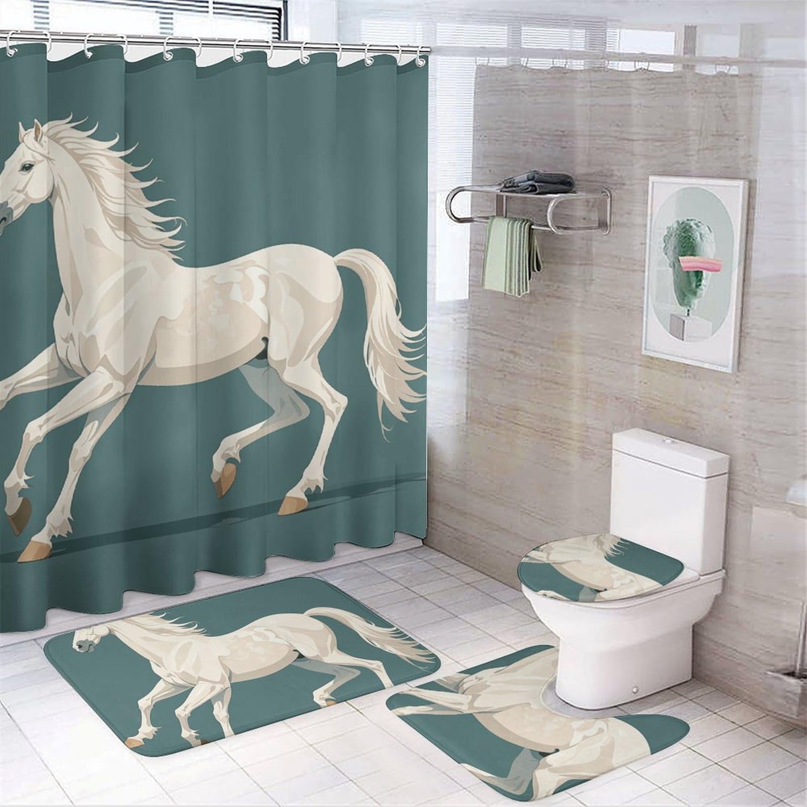 Ensemble rideau de douche cheval blanc premium et accessoires de bain