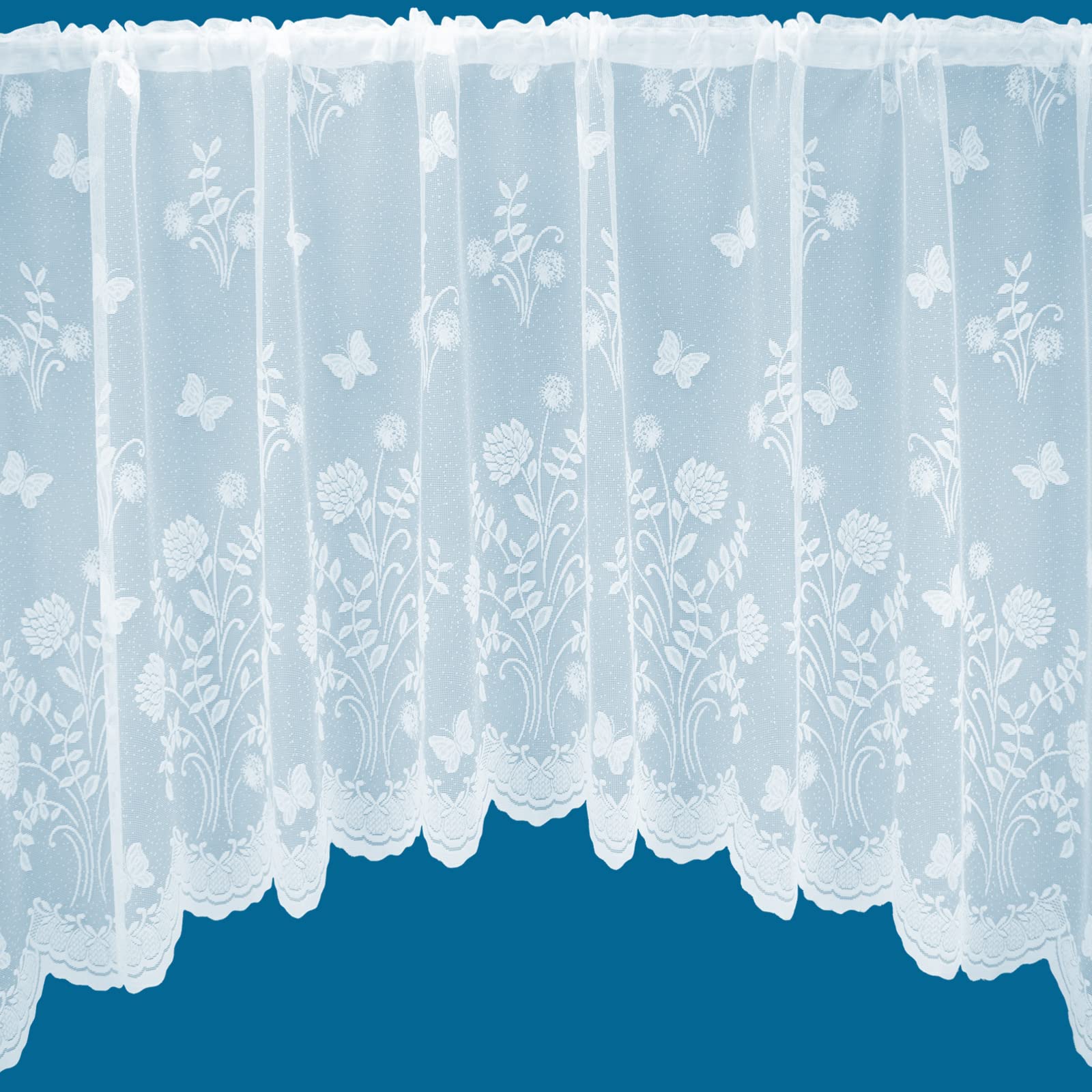 Country Garden Butterfly Jardiniere Arched Floral Pattern Net Curtains In White - Sold in Set Sizes ((381cm (150") Wide x 137cm (54") Drop))