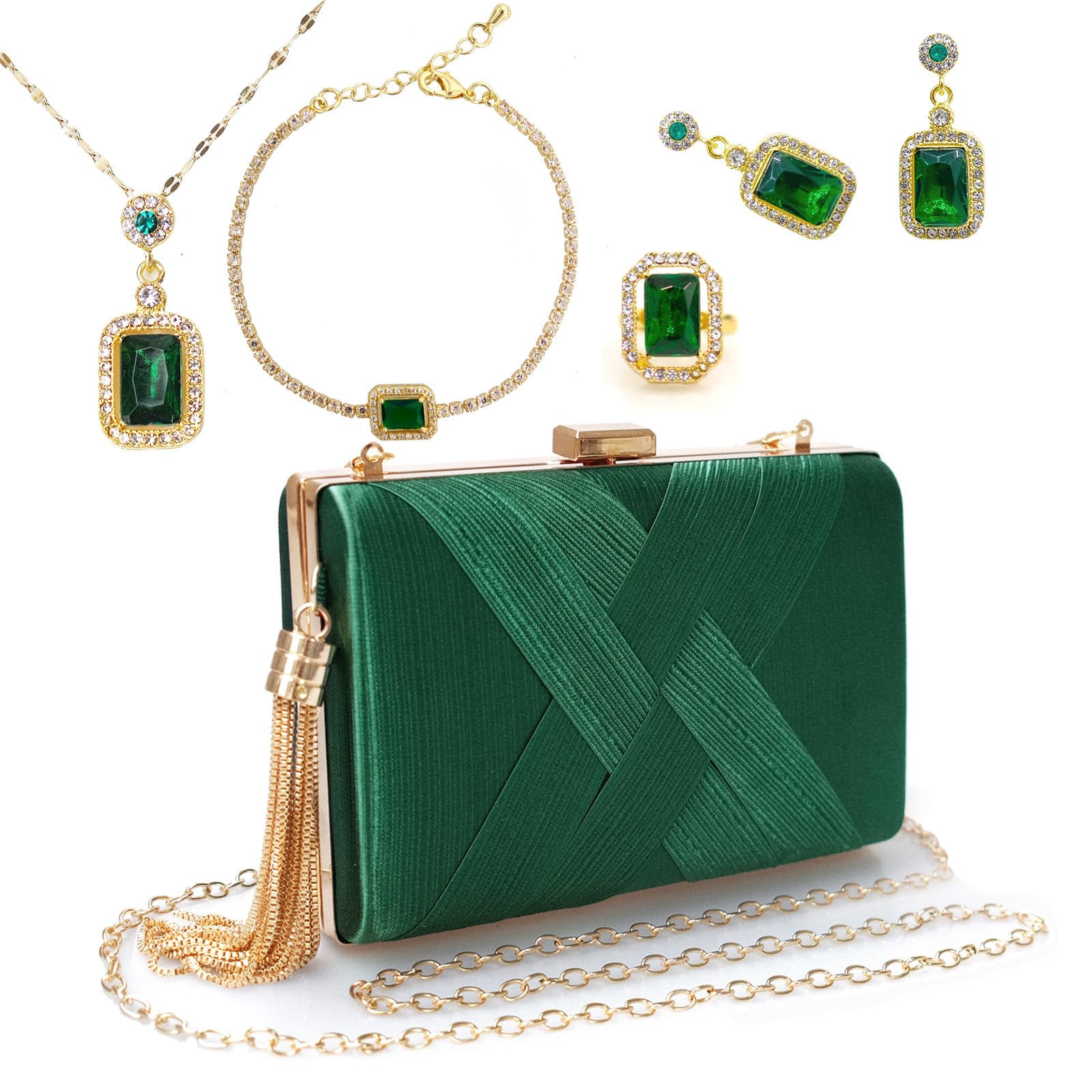 SENONAPO 5 Pcs Clutch Purses for Women Jewelry Set Handbag with Necklace Earrings Ring Bracelet Vintage Banquet Handbag with Detachable Chain for Wedding Party Gift Supplies(Green)