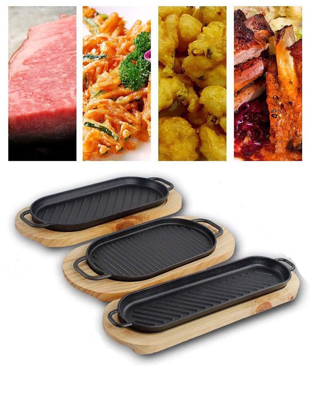 Grande vassoio da bistecca in ghisa con manico, piatto da portata da cucina in ghisa con vassoio in legno per servire e intrattenere in modo elegante a casa
