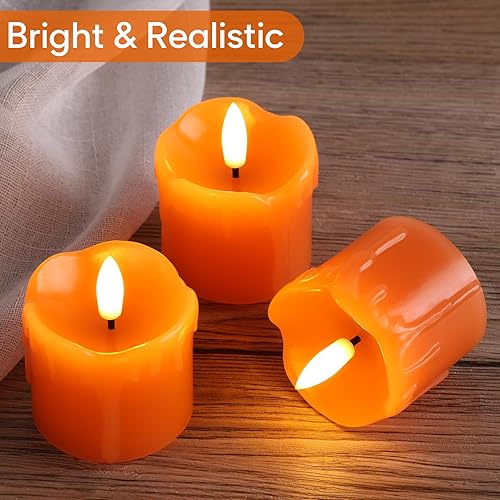 Miniatura 3 de Eywamage Velas votivas sin llama de Navidad naranja con pilas remotas, velas LED de cera goteante, juego de 6  2 pulgadas de alto