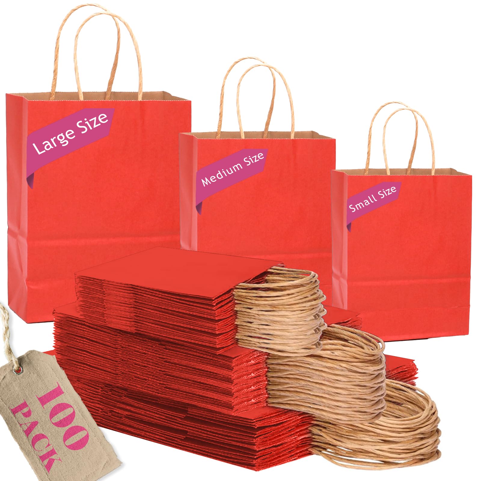 Gcardist Kraft Red Paper Gift Bags with Handles Bulk 100Pcs Assorted Sizes (Large-33Pcs, Medium-33Pcs, Small-34Pcs)