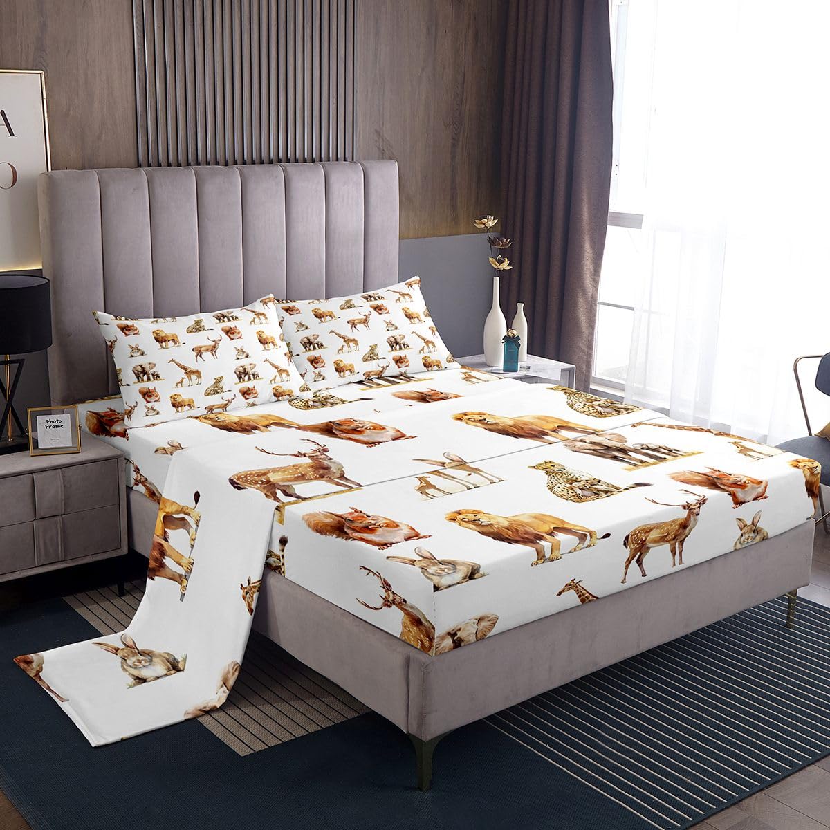 Zoo Animal Bedding for Girls Boys Kids Full Size Cute Giraffe Bed Sheets Set Room Decor Cartoon Animal 4 Pieces Sheet With 26 Inch Deep Pockets White Brown Breathable Soft Lightweight Microfiber