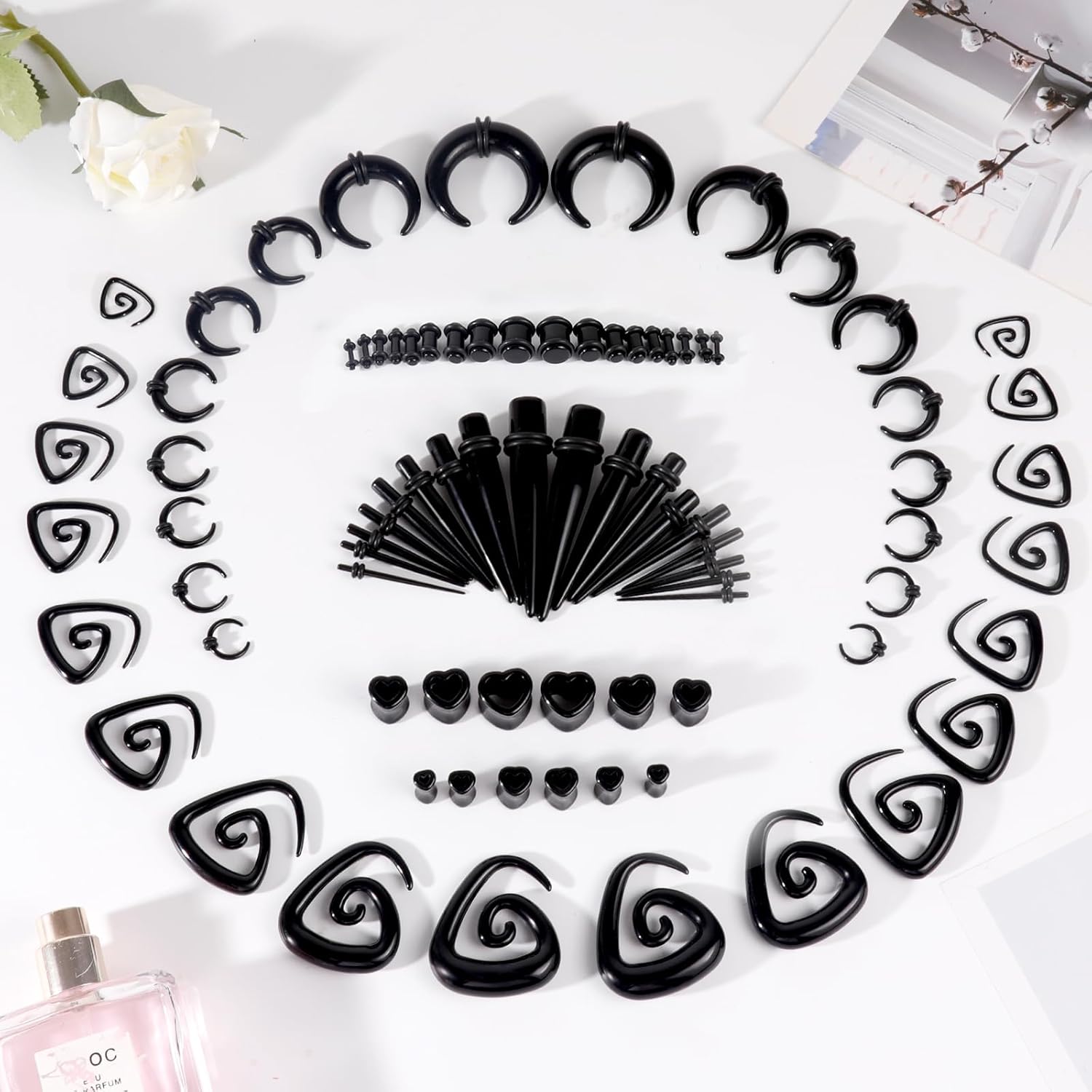 ONESING 84Pcs Ear Stretching Kit 14G-00G Ear Gauge Stretching Kit Acrylic Septum Pincher Spiral Taper Heart Tunnels Ear Plugs Hypoallergenic Ear Gauges Expander Set for Women Men - Image 7