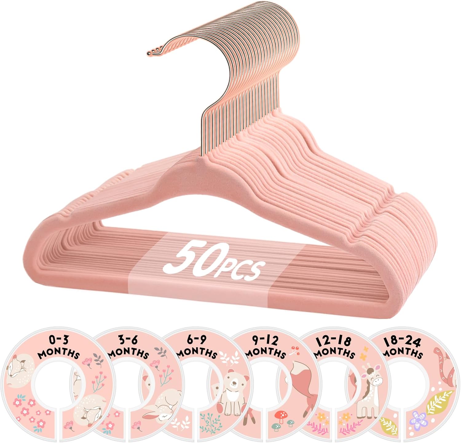 VIS'V Baby Hangers, 11 Inch Velvet Kids Hangers with 6 Pcs Clothes Size Dividers, Infant Toddler Nursery Closet Organization, Non Slip, Pink, 50 Pcs