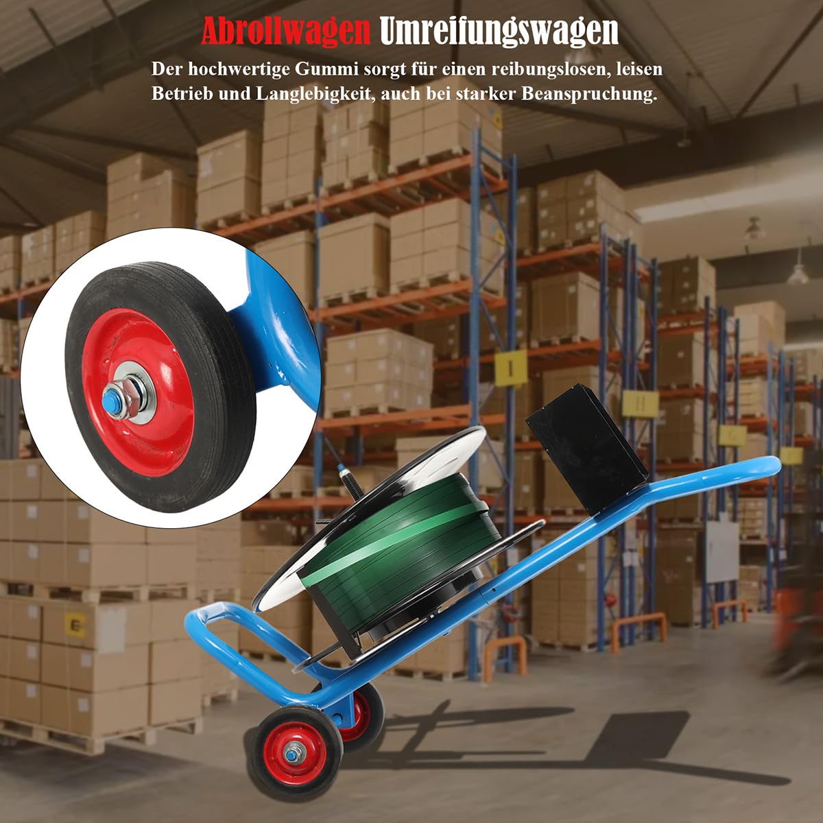 Abrollwagen Umreifungswagen für PP PET Polyesterfaserband Umreifungsbänder Umreifungsgerät, Fahrbarer Abroller Verpackungsriemenwagen für Kerndurchmesser 203 mm, Max Load 70Kg