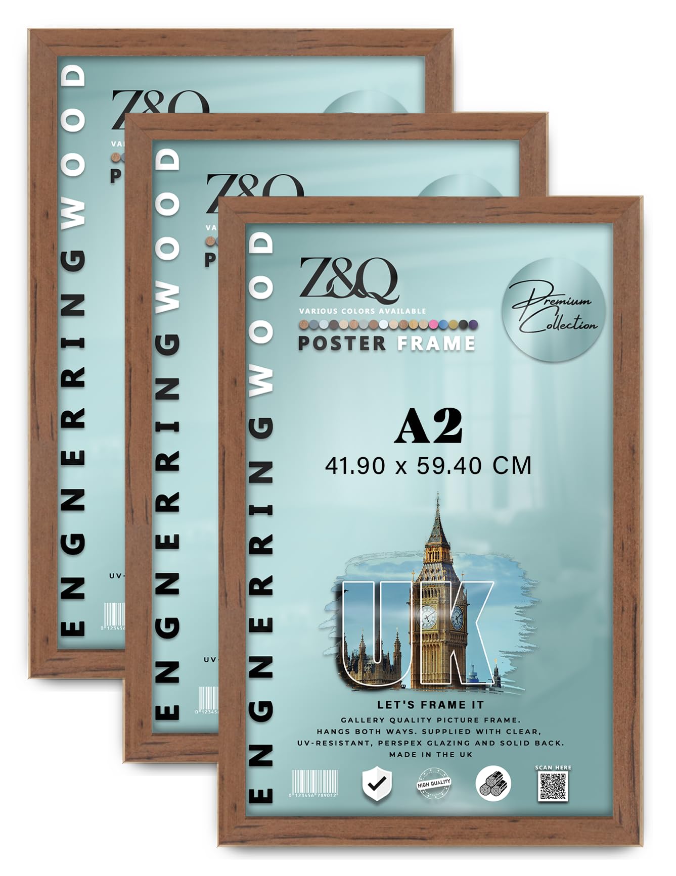 Z&Q Pack of 3 MDF Wood Finish A2 (41.90 x 59.40 CM) Poster/Picture Frame | for Art Gallery, Room Wall Decor 23 x 16 Inch Portrait/Landscape Display [ Walnut ]