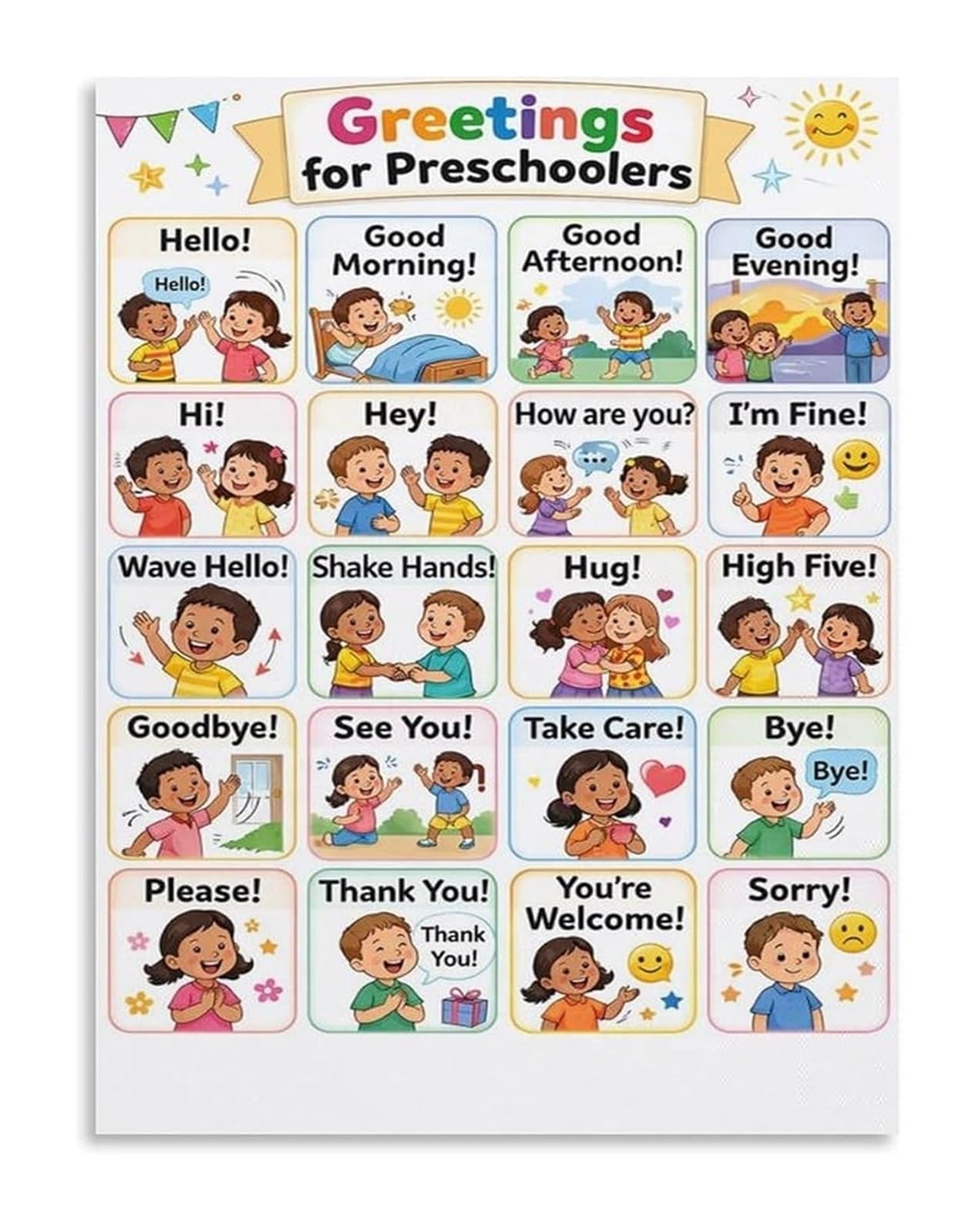 Preschool Greetings Poster Educational Chart for Social Skills and Communication Classroom Home Wall-Art(Framed,12x18inch(30x45cm))