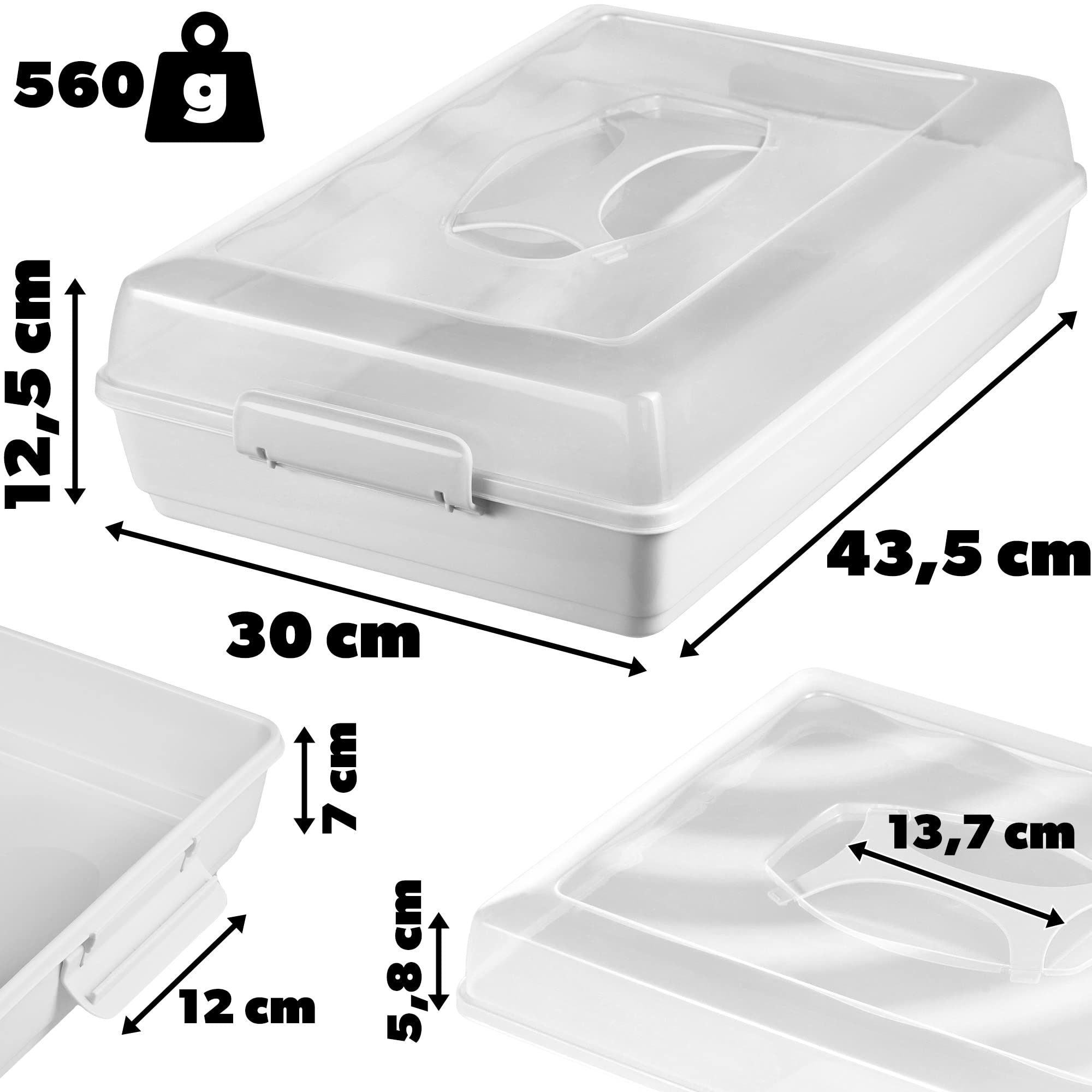KADAX Scatola per torte rettangolare, 43 x 30 x 12,5 cm, contenitore per torte in plastica, con coperchio, muffin, scatola per alimenti (grigio)