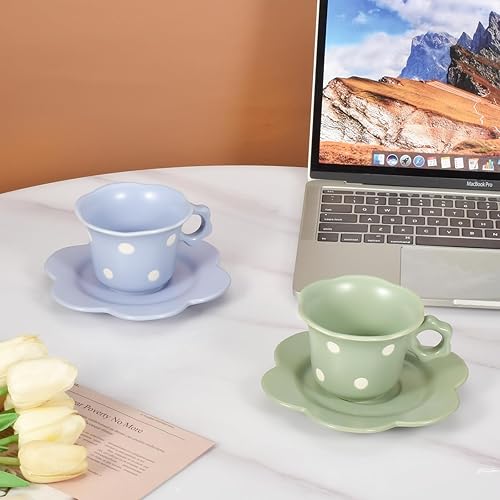 Miniatura 5 de Koythin Taza de café de cerámica con platillo, lindo plato creativo de girasol con punta ondulada para oficina y hogar, apto para lavavajillas y
