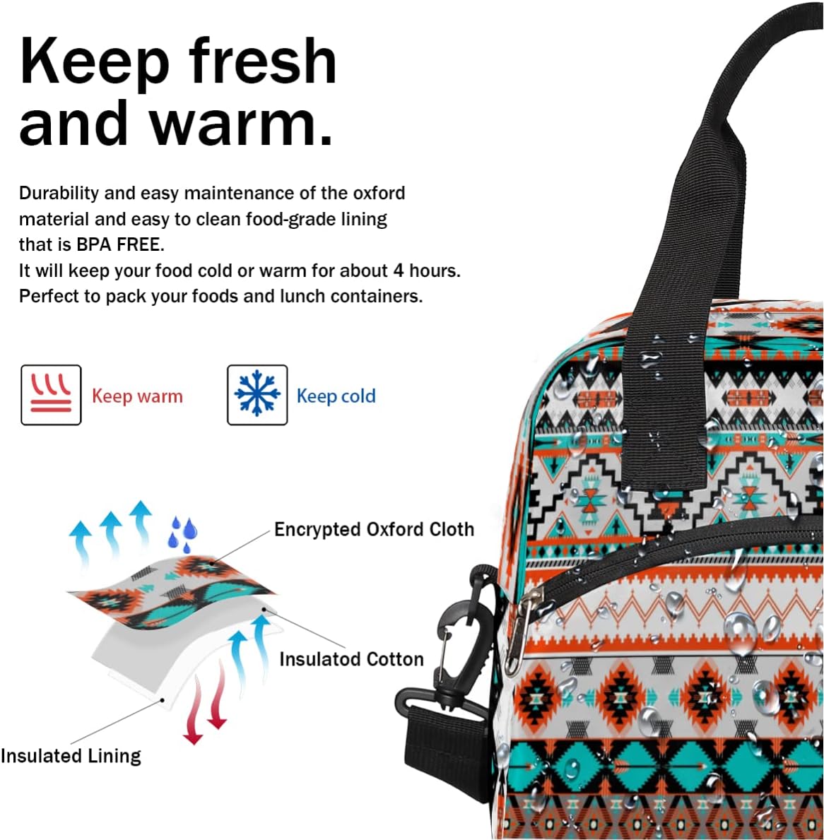 Aztec Insulated Lunch Bag for Women Men Adult Kids Reusable Freezable Lunch Tote Bag Organizer Aztec Print Cooler Lunch Box with Adjustable Shoulder Strap for Outdoor Work School and Picnic