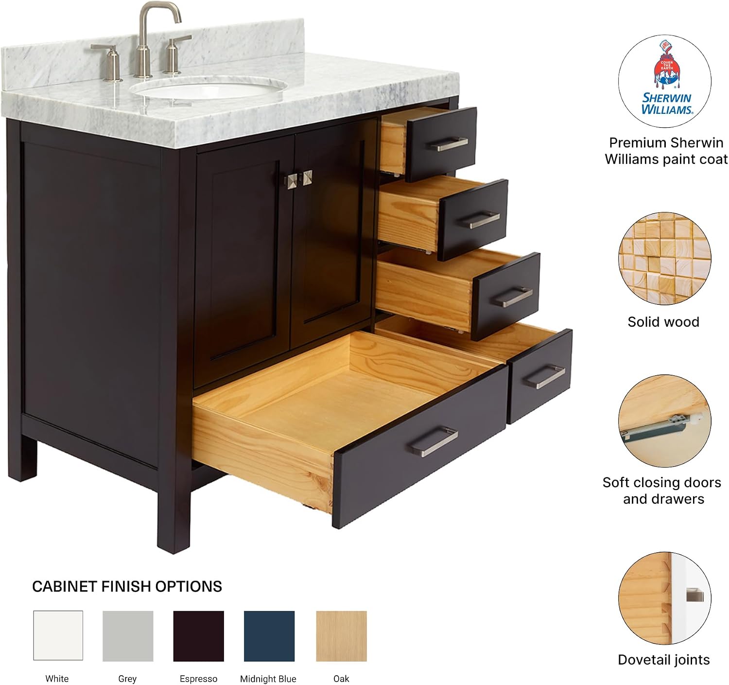 DKB Beckford 42-Inch Espresso Bathroom Vanity, Single Left Oval Undermount Sink, 2-Inch Carrara Marble Countertop, 2 Soft Closing Doors, 5 Dovetail Drawers, Solid Wood Cabinet