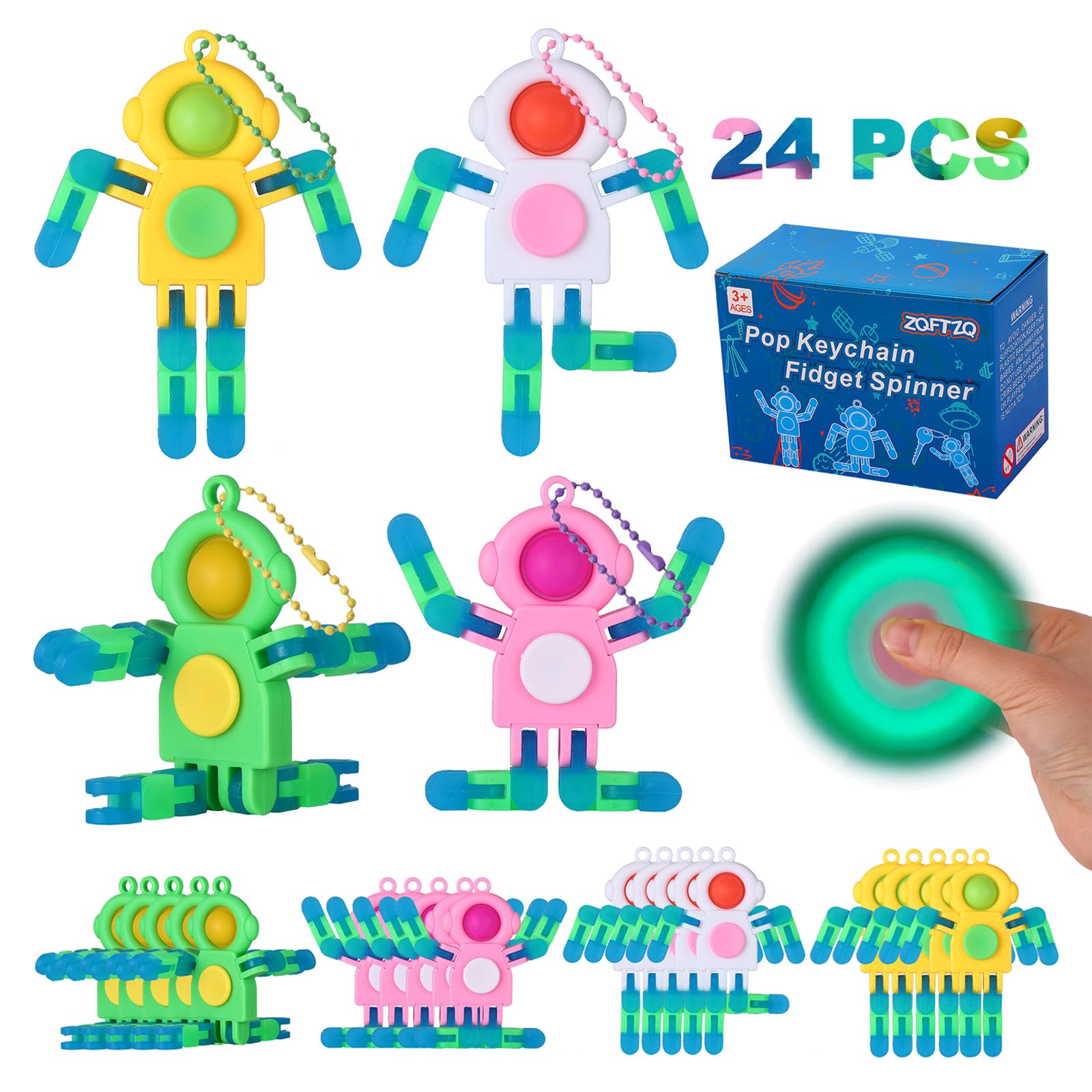 24Pcs Pop Fidget Spinners Bulk - Deformable Astronaut Fidget Spinner Keychain Robot Gyro Fidget Spinner for Kids Adults Glow in The Dark Sensory Toys Easter Party Favors Classroom Prizes