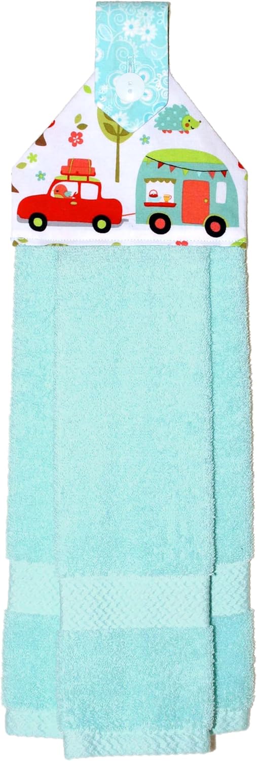 Hanging Hand Towel - Plush Turquoise Towel in Vibrant Retro RV Print - RV Camping Decor