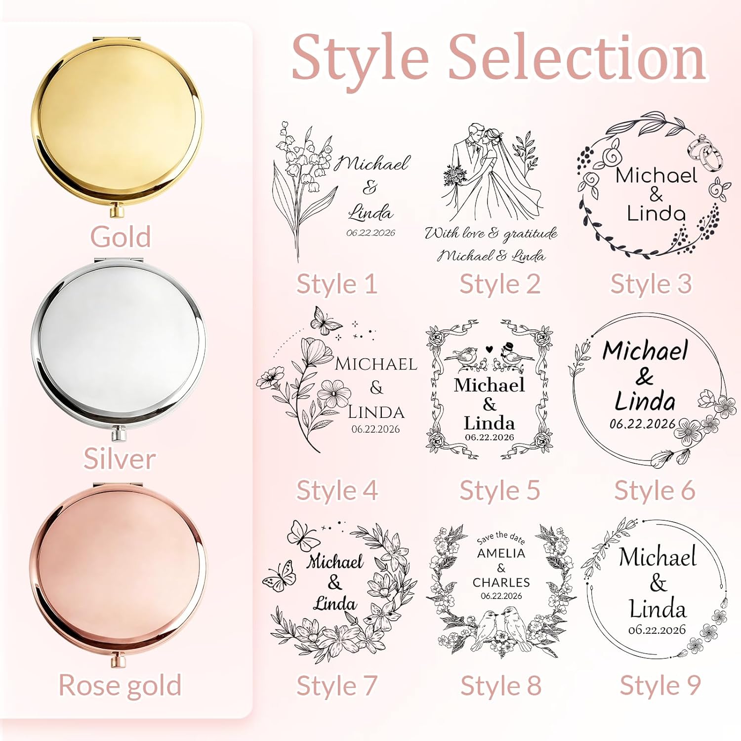 HJX Personalized Compact Mirror Bulk, Custom Pocket Mirror for Women, Small Cute Purse Mirror for Wedding Favors, Bridesmaids, Graduation, Galentine & Sisterhood Gifts (10)